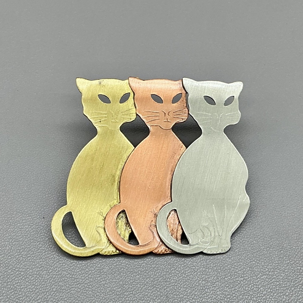 Brooch Three Cats Gold Silver Copper Tone Pin Multicolor Costume Jewelry 2"